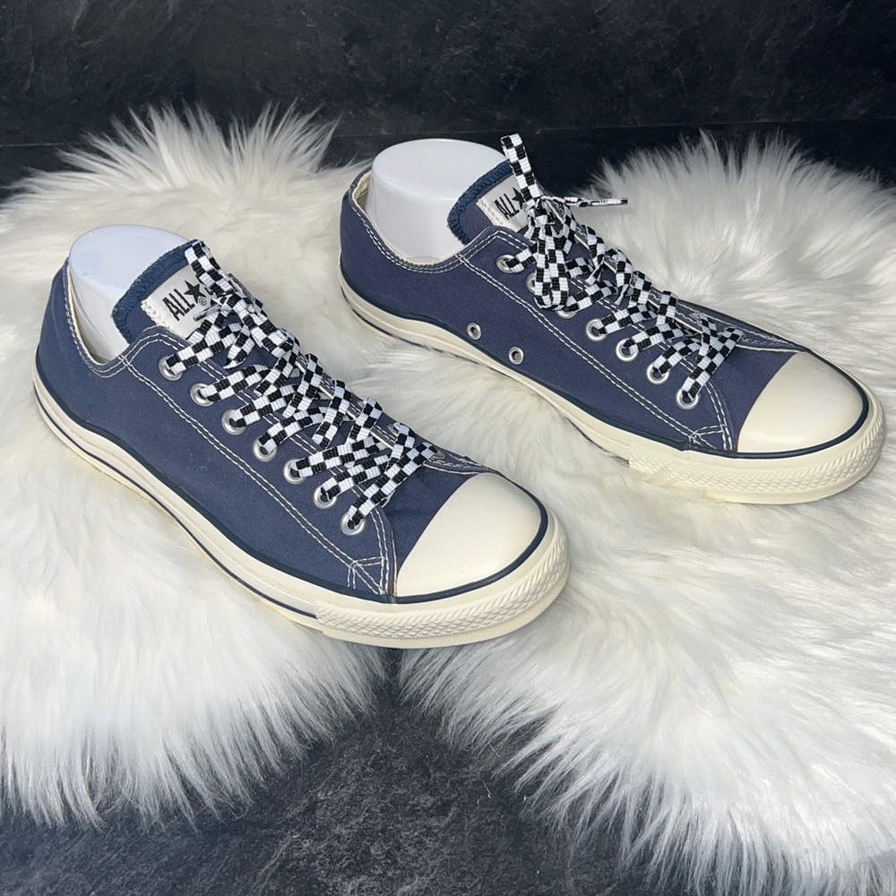 Converse Low Tops Denim Blue with checkered laces Mens size 10 Ladies size 12